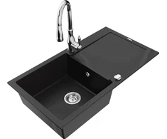 Granitinė virtuvinė plautuvė Mexen Leo su maišytuvu ir sifonu, Juodas+Chrome