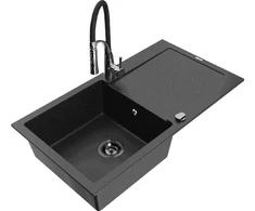 Granitinė virtuvinė plautuvė Mexen Leo su maišytuvu ir sifonu, Metallic juodas/sidabrinis+Juodas/Chrome