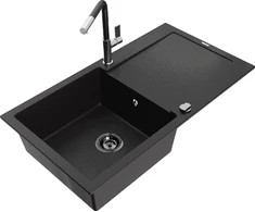 Granitinė virtuvinė plautuvė Mexen Leo su maišytuvu ir sifonu, Juodas+Juodas/Chrome