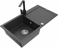 Granitinė virtuvinė plautuvė Mexen Leo su maišytuvu ir sifonu, Juodas granite+Juodas