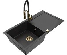 Granitinė virtuvinė plautuvė Mexen Leo su maišytuvu ir sifonu, Metallic juodas/sidabrinis+Juodas/Gold