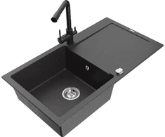 Granitinė virtuvinė plautuvė Mexen Leo su maišytuvu ir sifonu, Juodas granite+Juodas
