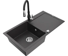 Granitinė virtuvinė plautuvė Mexen Leo su maišytuvu ir sifonu, Juodas granite+Juodas