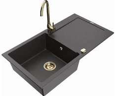 Granitinė virtuvinė plautuvė Mexen Leo su maišytuvu ir sifonu, Juodas granite+Gold