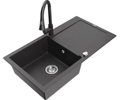 Granitinė virtuvinė plautuvė Mexen Leo su maišytuvu ir sifonu, Juodas granite