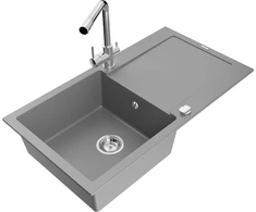 Granitinė virtuvinė plautuvė Mexen Leo su maišytuvu ir sifonu, Pilkas+Chrome