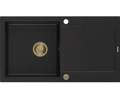 Granitinė virtuvinė plautuvė Mexen Leo su sifonu, Juodas+Gold, 900 x 500 mm