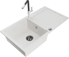 Granitinė virtuvinė plautuvė Mexen Leo su maišytuvu ir sifonu, Baltas+Juodas/Chrome