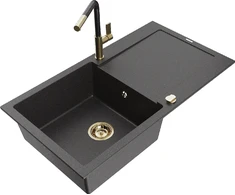 Granitinė virtuvinė plautuvė Mexen Leo su maišytuvu ir sifonu, Juodas granite+Juodas granite/Gold