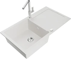 Granitinė virtuvinė plautuvė Mexen Leo su maišytuvu ir sifonu, Baltas+Chrome