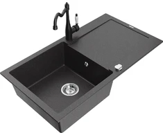 Granitinė virtuvinė plautuvė Mexen Leo su maišytuvu ir sifonu, Juodas granite+Juodas
