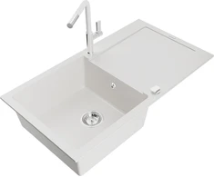 Granitinė virtuvinė plautuvė Mexen Leo su maišytuvu ir sifonu, Baltas+Baltas/Chrome