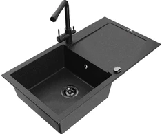 Granitinė virtuvinė plautuvė Mexen Leo su maišytuvu ir sifonu, Metallic juodas/sidabrinis+Juodas