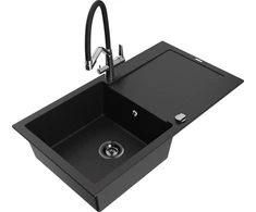 Granitinė virtuvinė plautuvė Mexen Leo su maišytuvu ir sifonu, Juodas+Juodas/Chrome