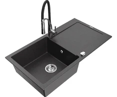 Granitinė virtuvinė plautuvė Mexen Leo su maišytuvu ir sifonu, Juodas granite+Juodas/Chrome