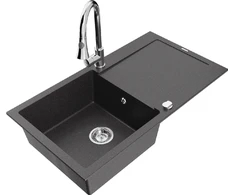 Granitinė virtuvinė plautuvė Mexen Leo su maišytuvu ir sifonu, Juodas granite+Chrome