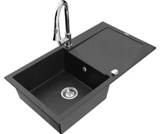 Granitinė virtuvinė plautuvė Mexen Leo su maišytuvu ir sifonu, Metallic juodas/sidabrinis+Chrome