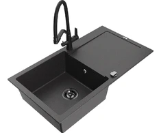 Granitinė virtuvinė plautuvė Mexen Leo su maišytuvu ir sifonu, Juodas granite+Juodas