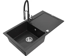 Granitinė virtuvinė plautuvė Mexen Leo su maišytuvu ir sifonu, Metallic juodas/sidabrinis+Juodas/Chrome