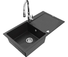 Granitinė virtuvinė plautuvė Mexen Leo su maišytuvu ir sifonu, Metallic juodas/sidabrinis+Chrome