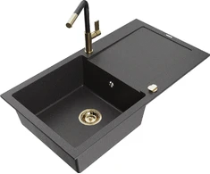 Granitinė virtuvinė plautuvė Mexen Leo su maišytuvu ir sifonu, Juodas granite+Juodas/Gold