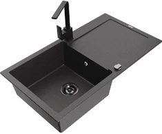 Granitinė virtuvinė plautuvė Mexen Leo su maišytuvu ir sifonu, Juodas granite+Juodas
