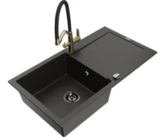 Granitinė virtuvinė plautuvė Mexen Leo su maišytuvu ir sifonu, Metallic juodas/auksinis+Juodas/Gold