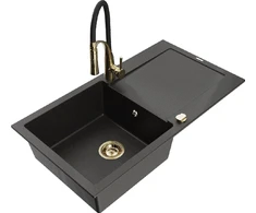 Granitinė virtuvinė plautuvė Mexen Leo su maišytuvu ir sifonu, Metallic juodas/auksinis+Juodas/Gold
