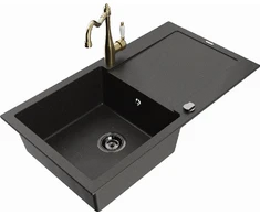 Granitinė virtuvinė plautuvė Mexen Leo su maišytuvu ir sifonu, Metallic juodas/auksinis+Gold