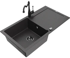 Granitinė virtuvinė plautuvė Mexen Leo su maišytuvu ir sifonu, Juodas granite+Juodas