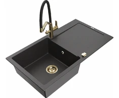 Granitinė virtuvinė plautuvė Mexen Leo su maišytuvu ir sifonu, Juodas granite+Juodas/Gold