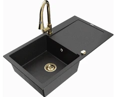 Granitinė virtuvinė plautuvė Mexen Leo su maišytuvu ir sifonu, Metallic juodas/sidabrinis+Gold