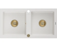 Granitinė virtuvinė plautuvė Mexen Mario su sifonu, Baltas+Gold, 820 x 436 mm
