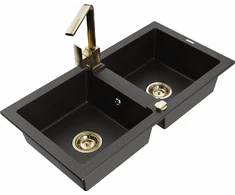 Granitinė virtuvinė plautuvė Mexen Mario su maišytuvu ir sifonu, Metallic juodas/auksinis+Gold
