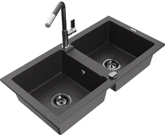 Granitinė virtuvinė plautuvė Mexen Mario su maišytuvu ir sifonu, Juodas granite+Juodas granite/Chrome