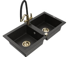 Granitinė virtuvinė plautuvė Mexen Mario su maišytuvu ir sifonu, Metallic juodas/auksinis+Juodas/Gold