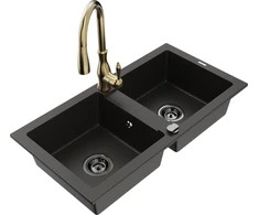 Granitinė virtuvinė plautuvė Mexen Mario su maišytuvu ir sifonu, Metallic juodas/auksinis+Gold