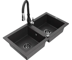 Granitinė virtuvinė plautuvė Mexen Mario su maišytuvu ir sifonu, Juodas granite+Juodas