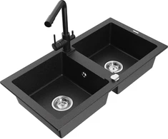 Granitinė virtuvinė plautuvė Mexen Mario su maišytuvu ir sifonu, Metallic juodas/sidabrinis+Juodas