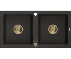 Granitinė virtuvinė plautuvė Mexen Mario su sifonu, Metallic juodas/auksinis+Gold, 820 x 436 mm