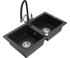 Granitinė virtuvinė plautuvė Mexen Mario su maišytuvu ir sifonu, Metallic juodas/sidabrinis+Juodas/Chrome