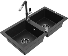 Granitinė virtuvinė plautuvė Mexen Mario su maišytuvu ir sifonu, Metallic juodas/sidabrinis+Juodas/Chrome