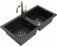 Granitinė virtuvinė plautuvė Mexen Mario su maišytuvu ir sifonu, Metallic juodas/auksinis+Gold