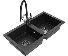 Granitinė virtuvinė plautuvė Mexen Mario su maišytuvu ir sifonu, Metallic juodas/sidabrinis+Juodas/Chrome