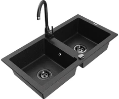 Granitinė virtuvinė plautuvė Mexen Mario su maišytuvu ir sifonu, Metallic juodas/sidabrinis+Juodas