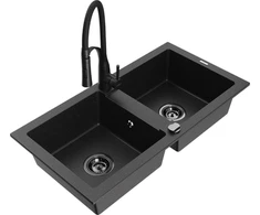 Granitinė virtuvinė plautuvė Mexen Mario su maišytuvu ir sifonu, Metallic juodas/sidabrinis+Juodas