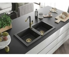 Granitinė virtuvinė plautuvė Mexen Mario su maišytuvu ir sifonu, Juodas granite+Juodas/Gold