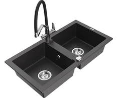 Granitinė virtuvinė plautuvė Mexen Mario su maišytuvu ir sifonu, Juodas granite+Juodas/Chrome