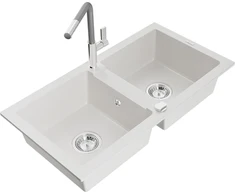 Granitinė virtuvinė plautuvė Mexen Mario su maišytuvu ir sifonu, Baltas+Pilkas/Chrome