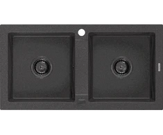 Granitinė virtuvinė plautuvė Mexen Mario su sifonu, Juodas granite+Juodas, 820 x 436 mm